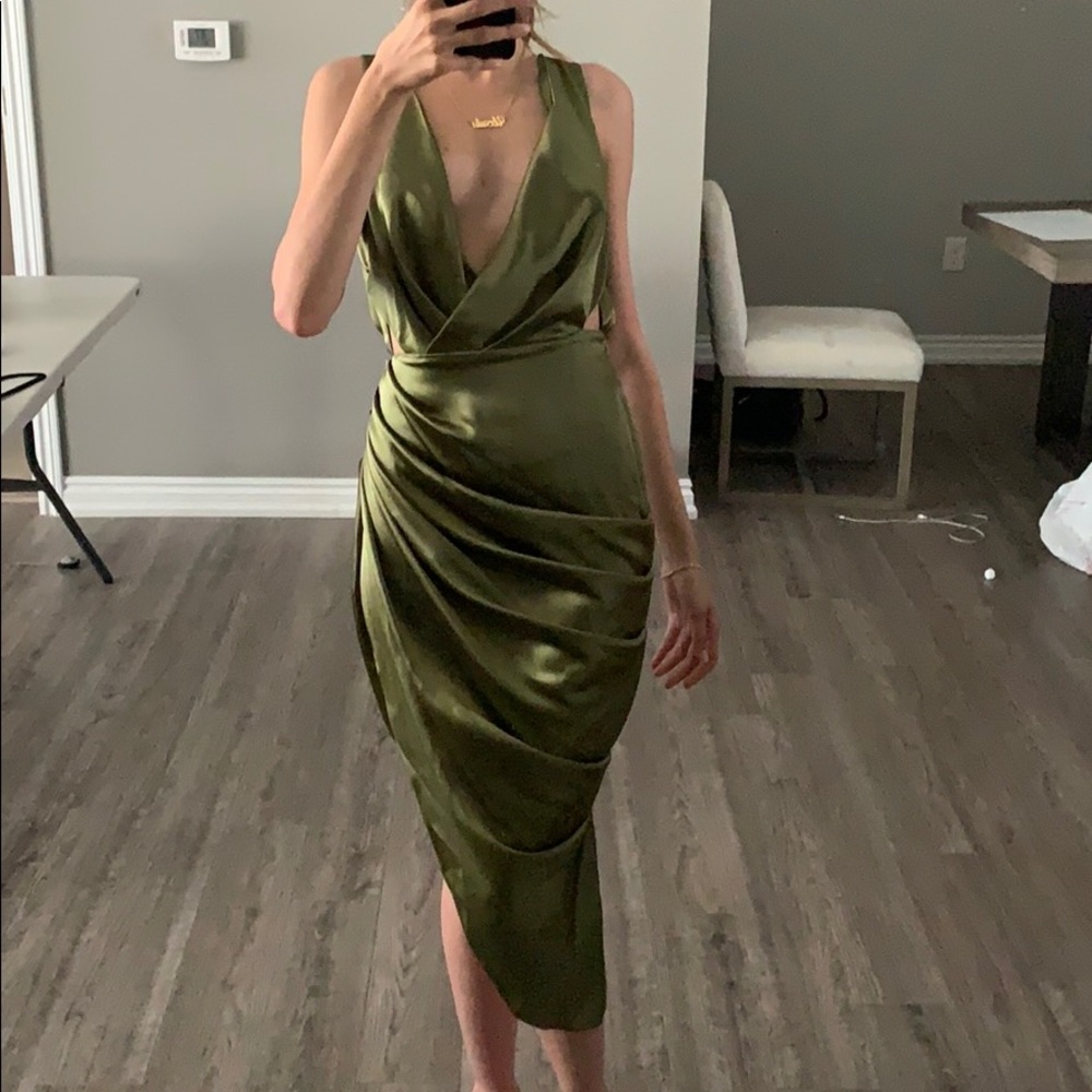 Plunge Satin Midi Dress W/ Drape